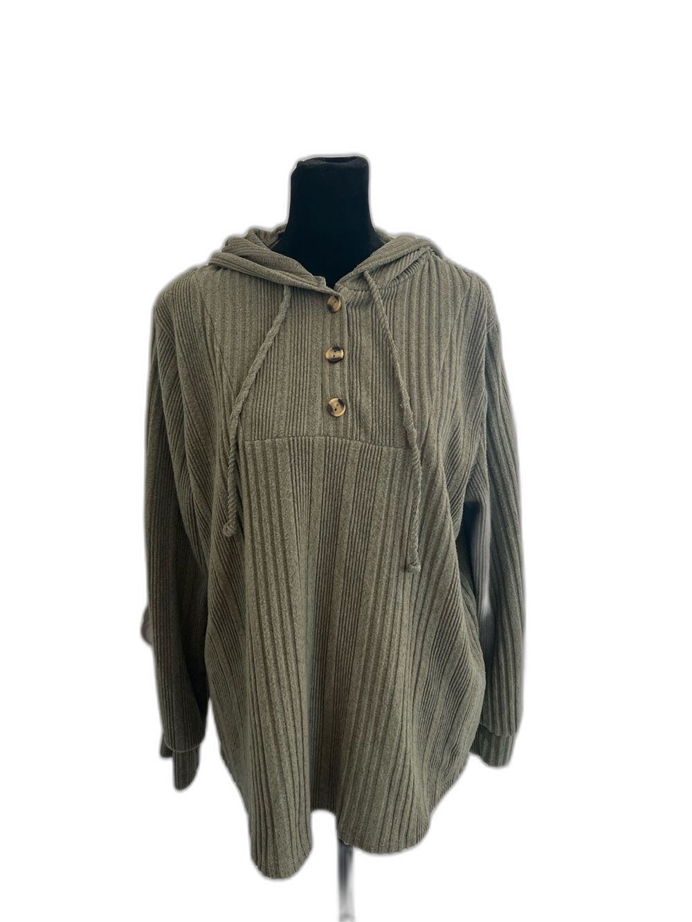 CURE. 1XL Olive Green Ribbed Knit Hooded Pullover Sweater Tunic